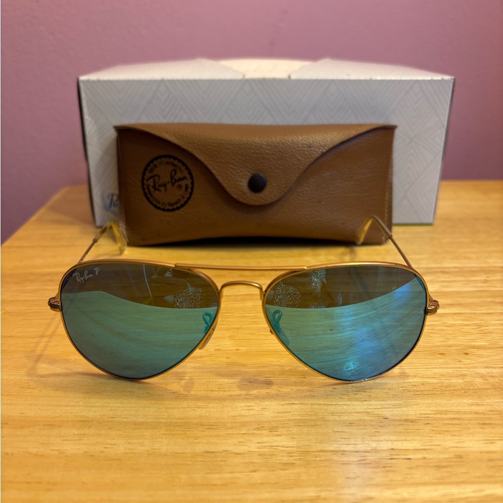 Ray-Ban Gold Aviator Sunglasses with Blue Lenses